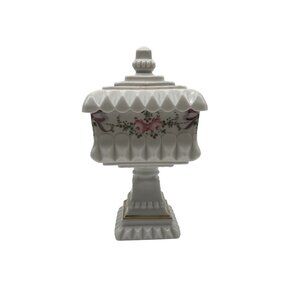 Westmoreland Milk Glass Pedestal Covered Wedding Cake Box Roses and Bows Pattern